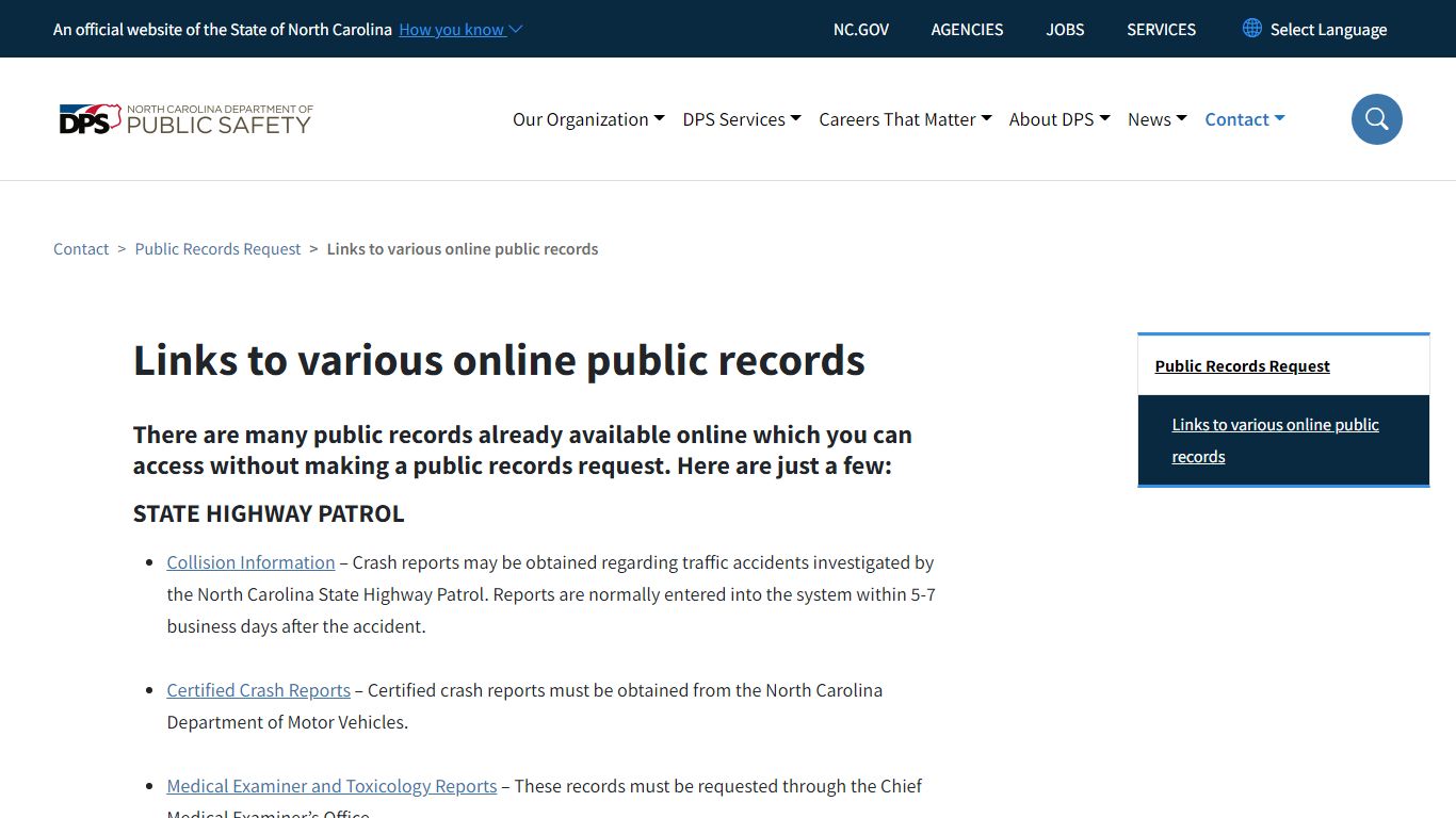 Links to various online public records | NC DPS